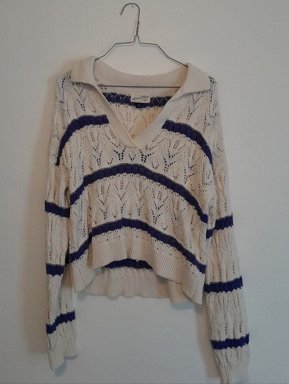 Universal Thread Women’s Cream Knit V‑Neck Sweater with Blue Stripes